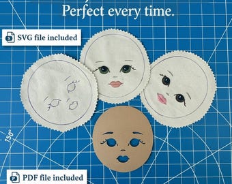 Modello PDF per il viso di una bambola, file SVG incluso, download immediato.