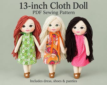 Cloth Doll Sewing Pattern PDF – Rag Doll with Yarn Hair & Face Template