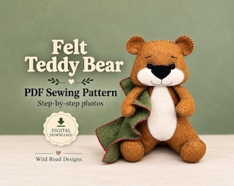 Easy Felt Teddy Bear Sewing Pattern PDF with Blanket, Hand Sewing Photo Tutorial