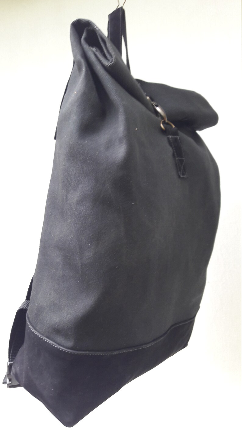 Black Backpack Vaxed Canvas Anniversary Gift for Women or Man,College Bag Black Leather Gift Present