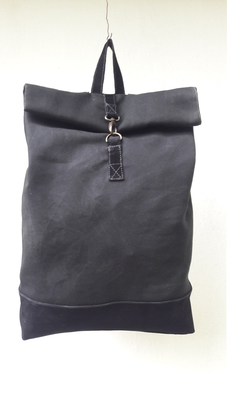 Black Backpack Vaxed Canvas Anniversary Gift for Women or Man,College Bag Black Leather Gift Present