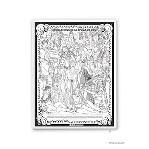 May include: Black and white illustration titled "Afrolatinos de la Época de Oro" featuring numerous figures in various poses. The artwork includes a decorative border and numbered labels identifying each person. The artist's name and social media handle are at the bottom.