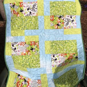 Handmade Jungle Animal Baby Quilt with Lions, Zebra, Elephants and Monkeys.   Baby Blanket, Toddler Quilt, Minky Quilt, Green and Blue Quilt