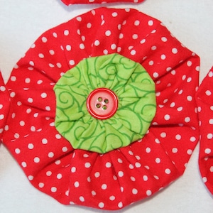 Christmas Flowers, Yoyo Flower, Red and Green Flowers, Crafters Flower Supplies, Large Three Inch Yoyos,  Handmade by Me, Three in a Set