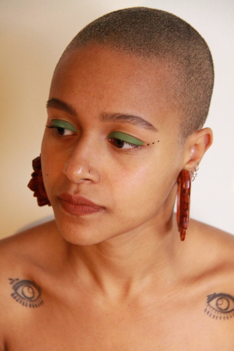 Carved wood lotus ear plugs Large wooden Hoops Hoop plugs stretched ear hoop earring