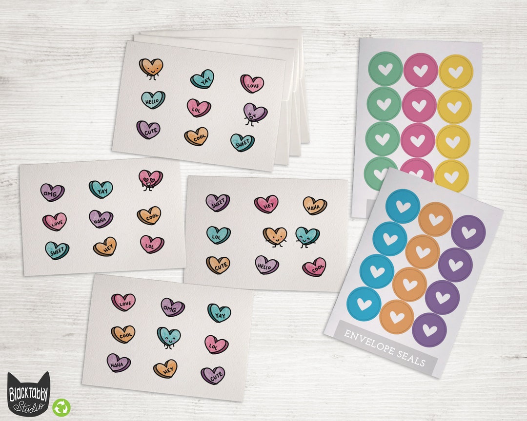 Candy Hearts Valentines Day Cards - 24 Cute Notecards With Envelopes ...
