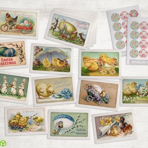 May include: A set of vintage Easter greeting cards featuring images of chicks, bunnies, and eggs. The cards are printed on white cardstock and have a distressed, antique look. The set includes 10 cards and 12 envelope seals with a floral design.
