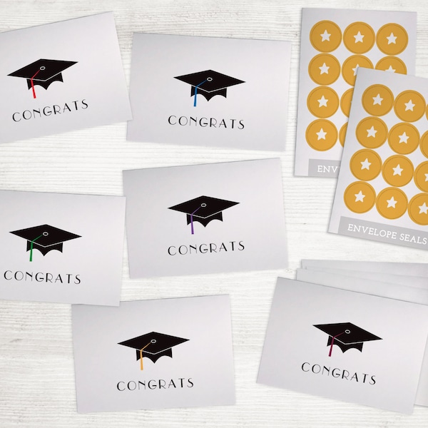 Grad Cap Congrats Greeting Cards Variety - 24 Graduation Cards for Gifts with Envelopes and Seal Stickers