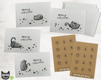 Christmas Kitty Cat Cards Collection Pack - 24 Cat Holiday Cards with Envelopes and Kraft Seal Stickers