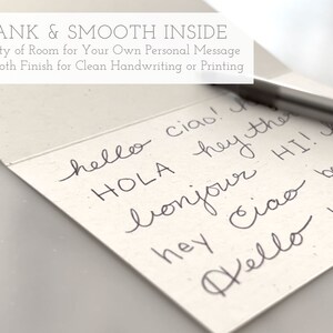 May include: A blank card with a smooth finish, perfect for writing or printing personal messages. The card features the text "BLANK & SMOOTH INSIDE" and "Plenty of Room for Your Own Personal Message" and "Smooth Finish for Clean Handwriting or Printing". The card also features handwritten greetings in various languages, including "hello", "ciao", "hola", "bonjour", and "HI!"