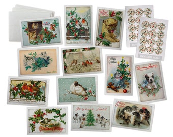 Könnte beinhalten: Eine Sammlung von Vintage-Weihnachtspostkarten mit verschiedenen festlichen Szenen, darunter Vögel, Katzen, Hunde und ein Weihnachtsbaum. Die Postkarten sind auf weißem Karton mit bunten Illustrationen und festlichen Grüßen gedruckt.