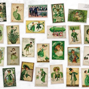 May include: A collection of vintage postcards featuring illustrations of people celebrating St. Patrick's Day. The postcards feature various scenes, including people wearing green hats and shamrocks, drinking beer, and playing music. The postcards are in various shades of green, red, and blue.