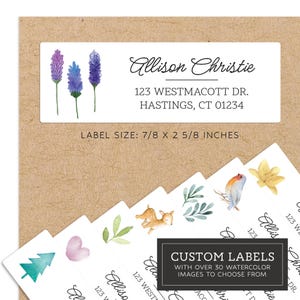 May include: A set of customizable address labels with a variety of watercolor illustrations, including a deer, a bird, a heart, a tree, and a sprig of leaves. The labels are 7/8 by 2 5/8 inches and feature the text "CUSTOM LABELS WITH OVER 30 WATERCOLOR IMAGES TO CHOOSE FROM".