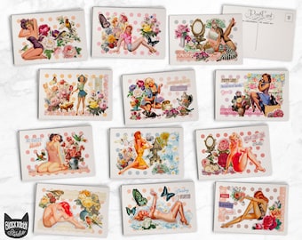 Retro Pinup Girl Valentines Postcards - 24 Vintage Style Valentine's Illustration Postcards