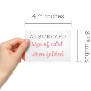 May include: A white card with the text "A1 SIZE CARD size of card when folded" in pink lettering. The card is 4 7/8 inches wide and 3 3/8 inches tall.