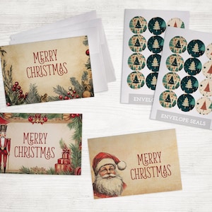 May include: Set of four vintage-style Christmas cards featuring different holiday scenes. The cards are printed on a textured paper with a brown background. The text on the cards reads "Merry Christmas".