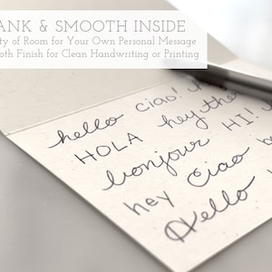 May include: A blank card with a smooth finish, perfect for writing or printing personal messages. The card features the text "BLANK & SMOOTH INSIDE" and "Plenty of Room for Your Own Personal Message" and "Smooth Finish for Clean Handwriting or Printing". The card also features handwritten greetings in various languages, including "hello", "ciao", "hola", "bonjour", and "HI!"