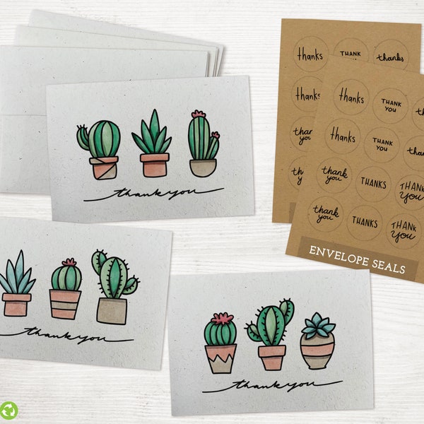 Succulents & Cactus Thank You Cards - Assorted Set of 24 Greeting Cards with Envelopes and Seal Stickers