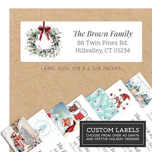 May include: A rectangular label with the text "The Brown Family" and address details, featuring a watercolor wreath and a red bow. The label size is 7/8 x 2 5/8 inches. Below are samples of custom holiday labels.