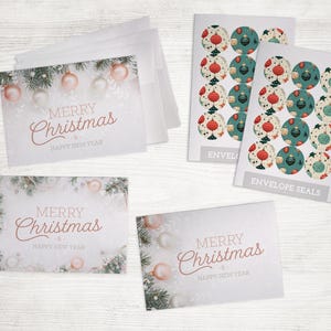 Elegant Baubles & Pine Christmas Cards Collection - 24 Holiday Cards with Envelopes and Colorful Seal Stickers