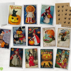 May include: A set of 10 vintage Halloween postcards featuring illustrations of jack-o'-lanterns, witches, cats, and other spooky characters. The postcards are printed on thick cardstock and have a distressed, antique look. The text on the postcards includes phrases like "A Jolly Halloween" and "May the black cat bring you good luck this Halloween."