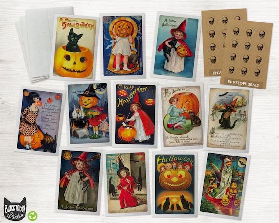 Vintage Halloween Greeting Cards Collection - 24 Creepy Kids Halloween Note Cards & Envelopes with Seal Stickers