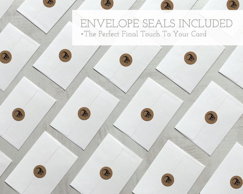 May include: A flat lay of white envelopes with brown skull seal stickers. The text "Envelope Seals Included" and "The Perfect Final Touch To Your Card" is displayed above the envelopes.