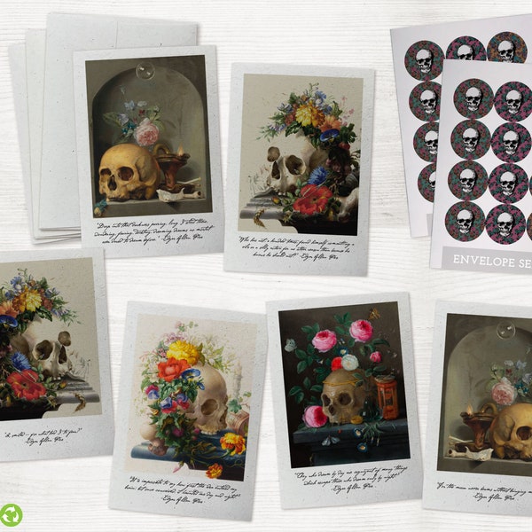 Vintage Still-Life Skulls and Flowers Greeting Cards Collection - 24 Still-Life Note Cards & Envelopes with Seal Stickers