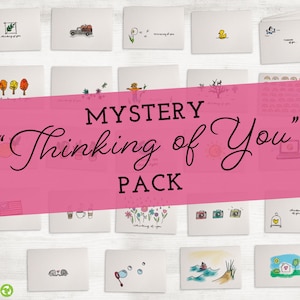 May include: A set of 20 mystery "Thinking of You" greeting cards with various illustrations. The cards are white with black ink and feature a variety of designs, including a truck with pumpkins, a dandelion, a duck, a cat, a house, a camera, and more.