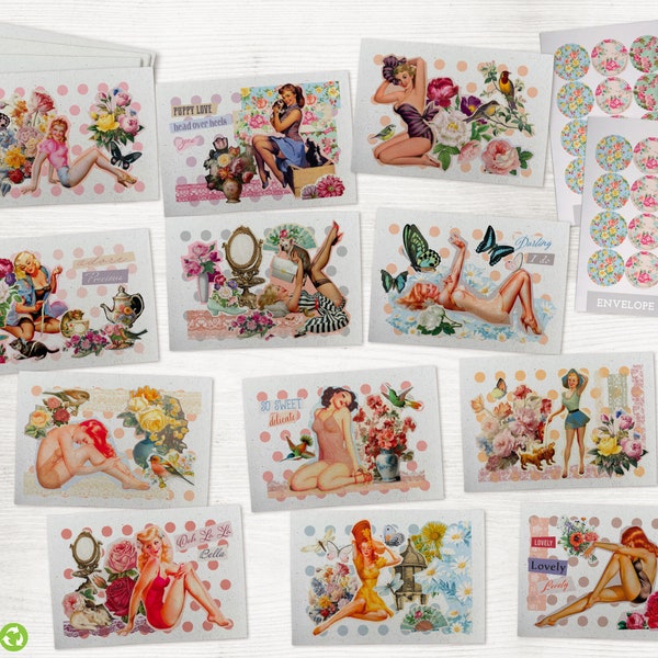 Retro Pinup Girl Vintage Style Valentines Day Cards - 24 Valentines Cards & Envelopes with Seal Stickers
