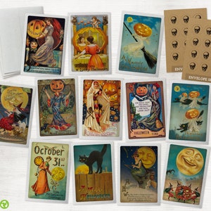 Vintage Halloween Greeting Cards Collection - 24 Spooky Note Cards & Envelopes with Seal Stickers - Classic Designs Reprinted as Note Cards