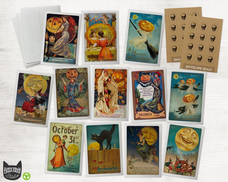 May include: A set of 10 vintage Halloween postcards featuring various images, including a witch, a cat, a jack-o-lantern, and a moon. The postcards are printed on thick paper with a textured finish. The text on the postcards includes "A Happy Halloween", "Greetings from Home", "October 31st", "A Merry Halloween", and "Halloween Time".