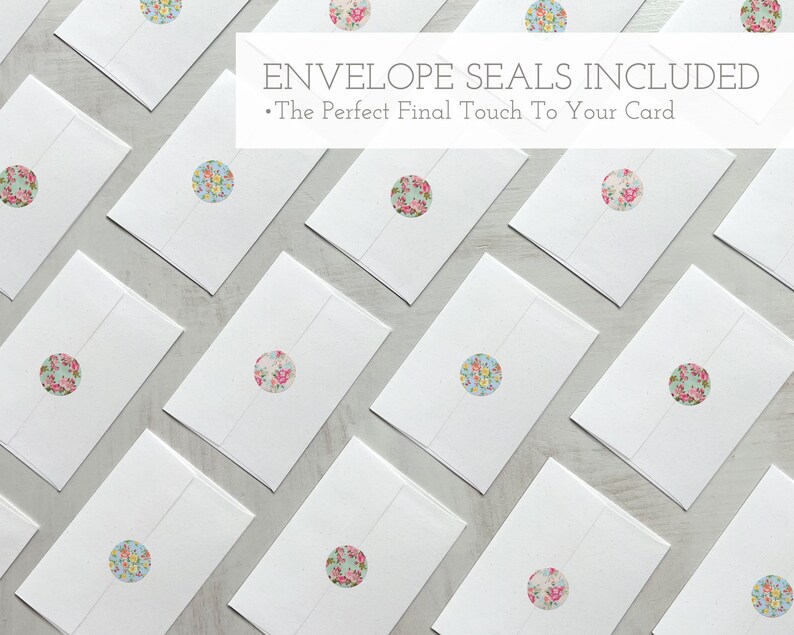 May include: White envelopes with floral patterned round stickers. The text "Envelope Seals Included" and "The Perfect Final Touch To Your Card" is displayed above the envelopes.