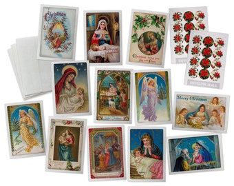 Könnte beinhalten: Ein Set mit Vintage-Weihnachtskarten mit religiösen Motiven, darunter die Weihnachtsgeschichte, Engel und Maria mit dem Jesuskind. Die Karten sind auf dickem Papier mit einer strukturierten Oberfläche gedruckt und haben einen goldenen Rand. Das Set enthält außerdem eine Bogen mit Briefsiegeln mit einem roten Weihnachtsstern-Motiv.