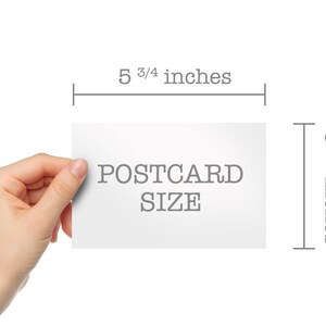 May include: A white postcard with the text "POSTCARD SIZE" printed in gray. The postcard measures 5 3/4 inches by 3 7/8 inches.