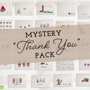 May include: A set of 20 illustrated thank you cards with various designs. The cards are white with black outlines and colorful accents. The designs include a watermelon, a lighthouse, a snail, a bee, a turtle, a cactus, a cupcake, a snowman, a coffee cup, and a scarecrow.