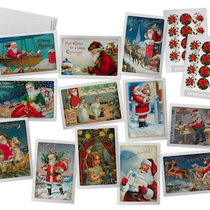 K&ouml;nnte beinhalten: Ein Set mit Vintage-Weihnachtspostkarten mit Motiven von Weihnachtsmann, Rentieren und anderen festlichen Bildern. Die Postkarten sind auf dickem Papier mit wei&szlig;em Rand gedruckt und haben eine festliche Atmosph&auml;re.