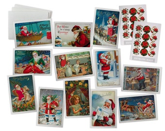 Retro Santa Vintage Christmas Cards Collection - 24 Christmas Note Cards & Envelopes with Seal Stickers - Classic Designs Reprinted