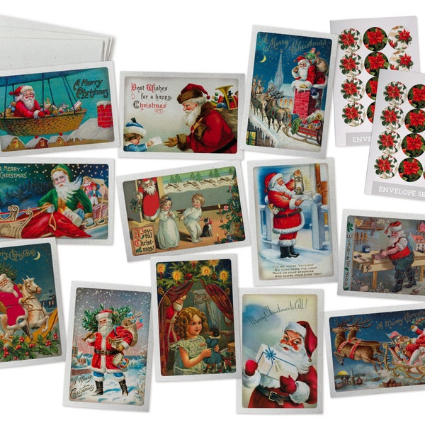 Retro Santa Vintage Christmas Cards Collection - 24 Christmas Note Cards & Envelopes with Seal Stickers - Classic Designs Reprinted
