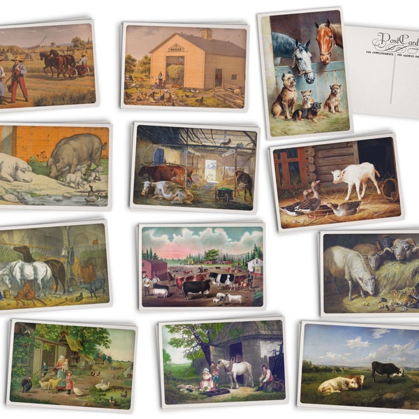 Vintage Style Farm Postcards - 24 Retro Style Postcards with Horses and Barnyard Animals