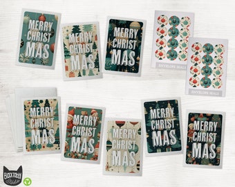 May include: Set of eight Christmas cards featuring a vintage-inspired design with a green and red color scheme. The cards feature the text "Merry Christ Mas" and various illustrations including Christmas trees, ornaments, and a snowman. The set also includes a sheet of 12 round envelope seals with a similar design.