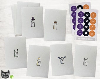 Scary Cute Ghost Cards Set - 24 Halloween Greeting Cards with Envelopes and Seal Stickers