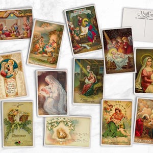 May include: A collection of vintage Christmas postcards featuring images of the Nativity scene, angels, and the Virgin Mary. The postcards are printed on thick cardstock and have a slightly textured surface. Some of the postcards have gold accents and are decorated with glitter.
