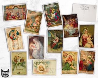 Pode incluir: Uma coleção de cartões postais de Natal vintage com imagens da cena da Natividade, anjos e a Virgem Maria. Os cartões postais são impressos em cartão grosso e têm uma superfície ligeiramente texturizada. Alguns dos cartões postais têm detalhes dourados e são decorados com purpurina.