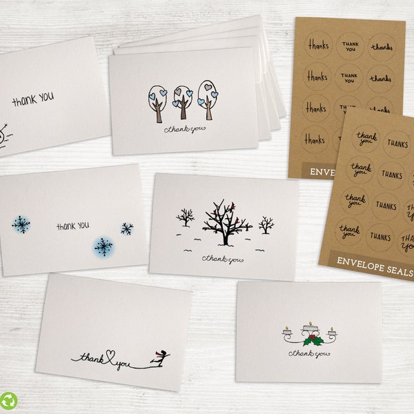 Winter Thank You Cards Set - 24 Mini Greeting Cards with Envelopes and Seal Stickers