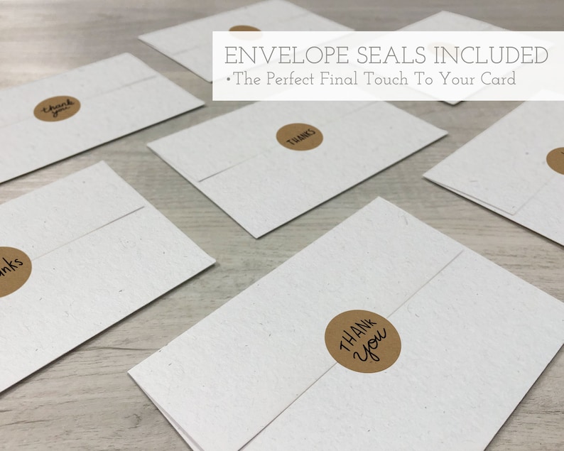 May include: Five white envelopes with brown paper thank you and thanks seals. The text "ENVELOPE SEALS INCLUDED" and "The Perfect Final Touch To Your Card" is at the top of the image.