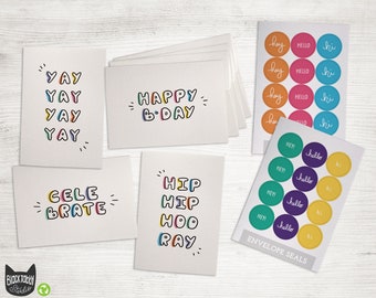 Bubble Words Assorted Celebration Cards - 24 Blank Note Cards with Envelopes & Colorful Sticker Seals