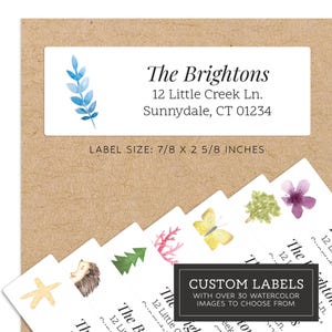May include: Customizable address labels with a watercolor design. The labels feature a blue leafy branch, a starfish, a hedgehog, a pine tree, coral, a butterfly, a tree with green leaves, and a pink flower. The labels are 7/8 by 2 5/8 inches.