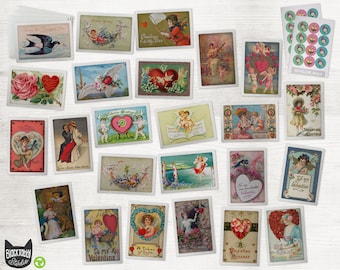 Vintage Love Retro Style Valentines Day Cards - 24 Valentines Cards & Envelopes with Seal Stickers