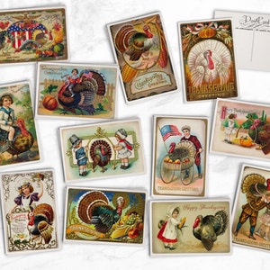 Retro Thanksgiving Turkey Vintage Style Postcards - 24 Retro Style Thanksgiving Illustration Postcards